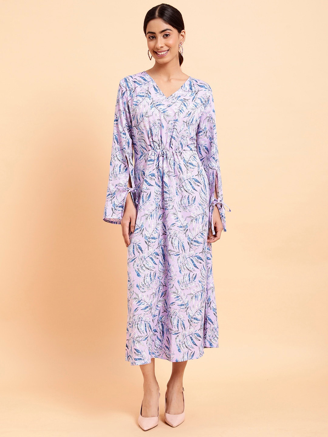 

MINT STREET V-Neck Floral Print Crepe A-Line Midi Dress, Lavender