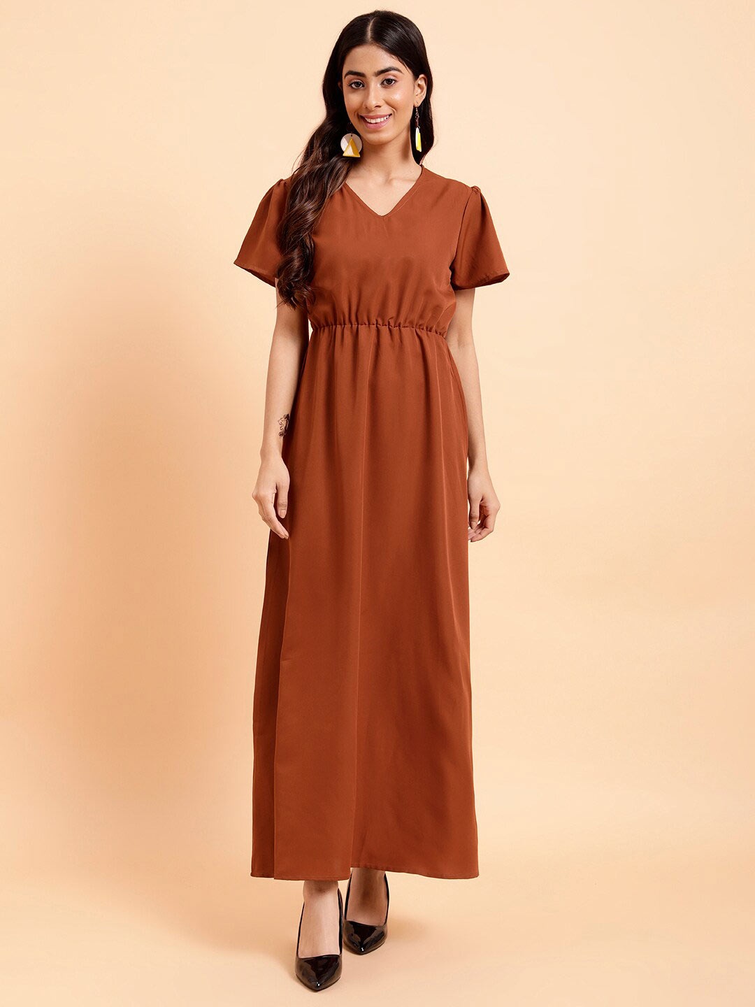 

MINT STREET V-Neck Crepe A-Line Dress, Brown