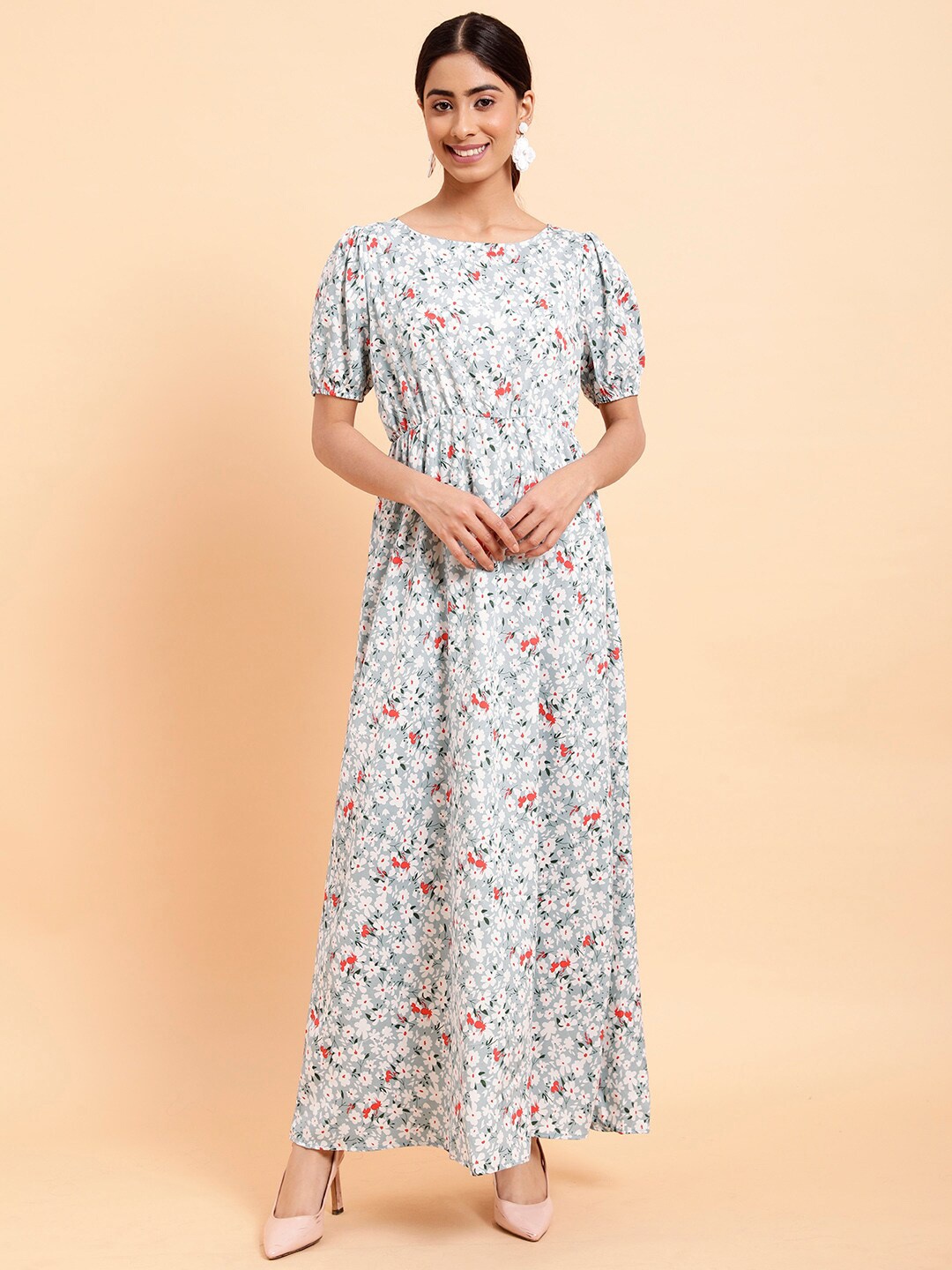 

MINT STREET Puff Sleeves Floral Print Crepe Blouson Dress, Green
