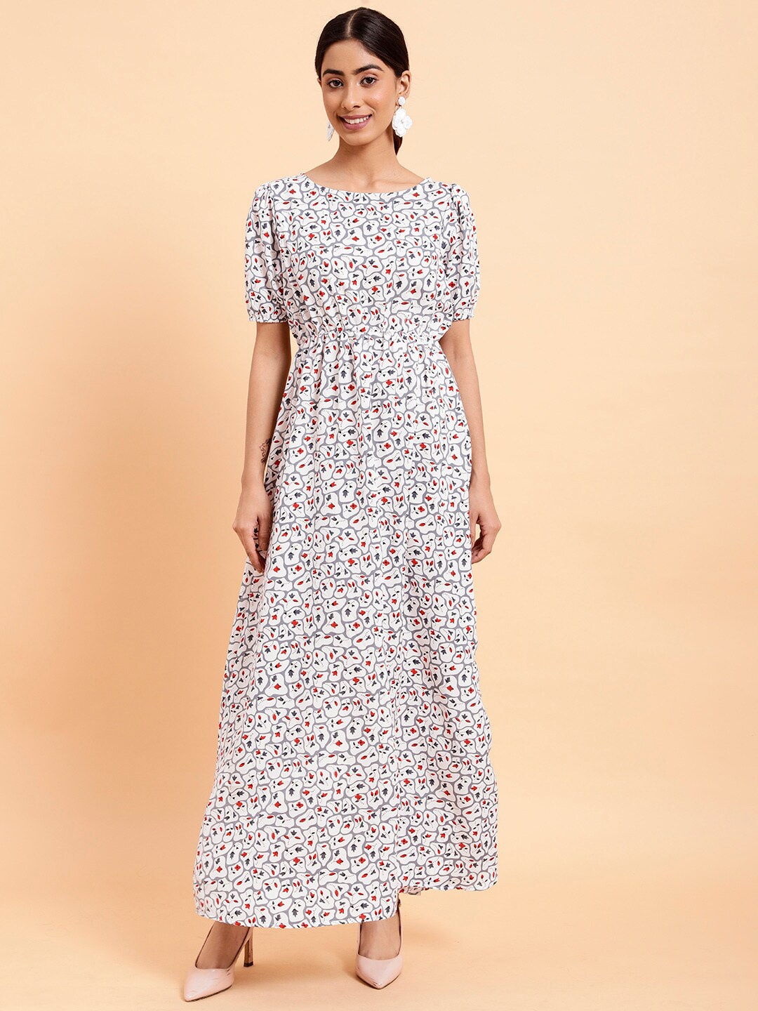 

MINT STREET Puff Sleeves Print Crepe A-Line Dress, White