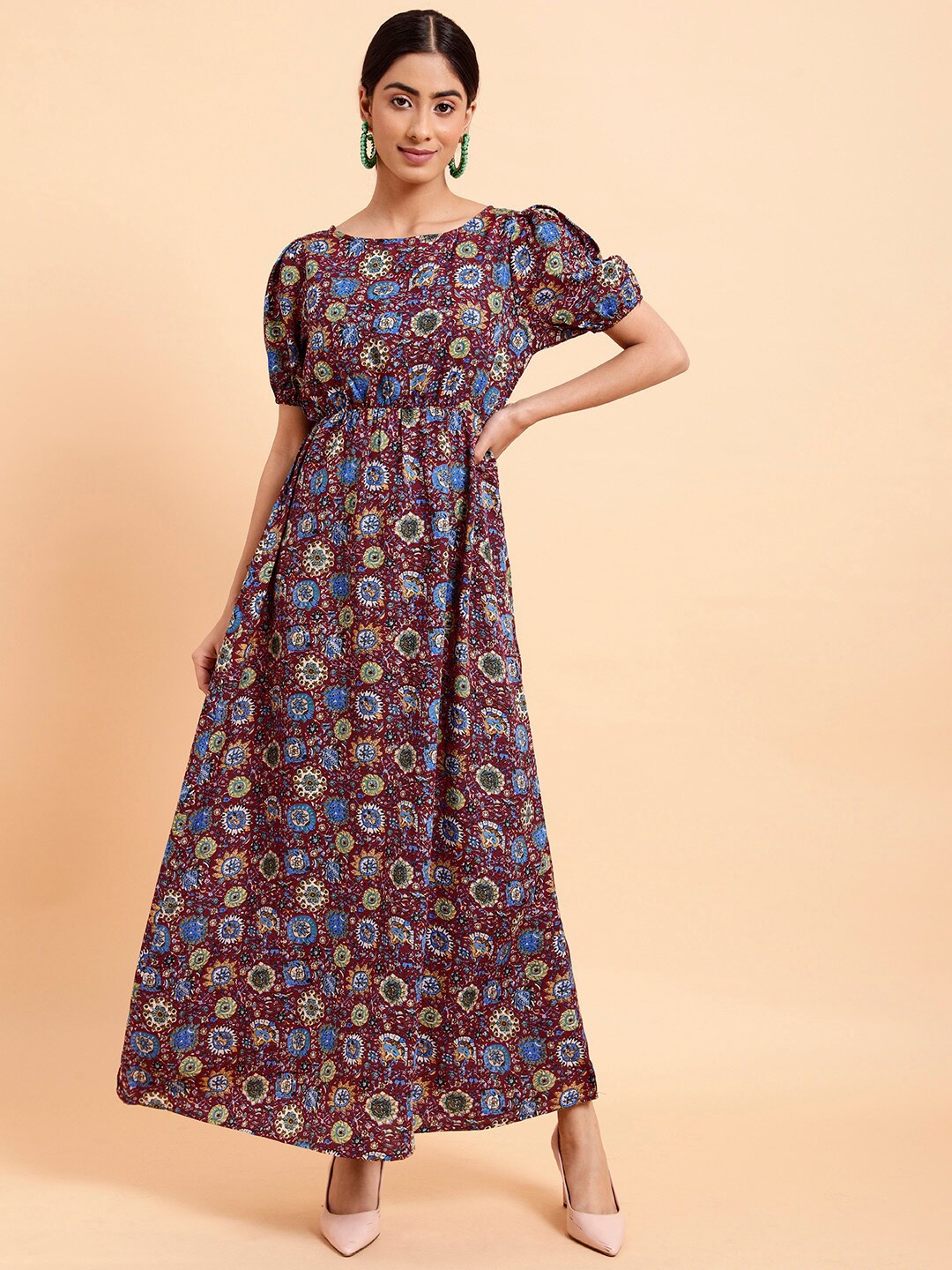 

MINT STREET Puff Sleeves Floral Print Crepe A-Line Dress, Brown