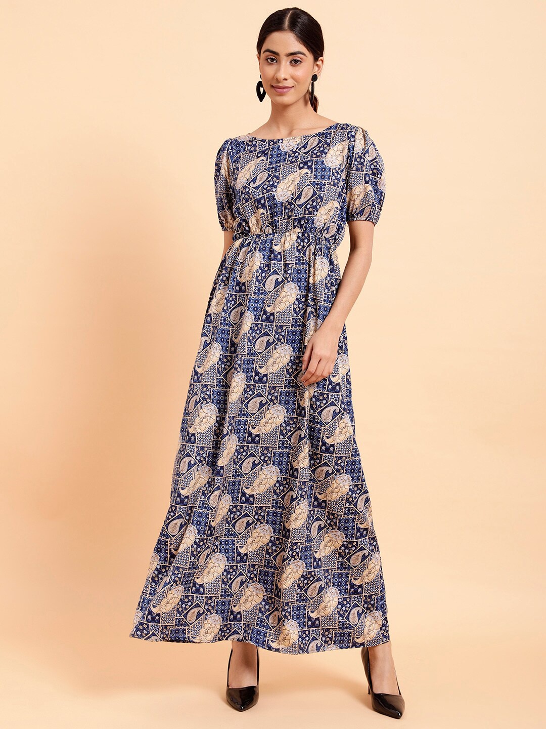 

MINT STREET Ethnic Motifs Printed Crepe A-Line Midi Dress, Blue