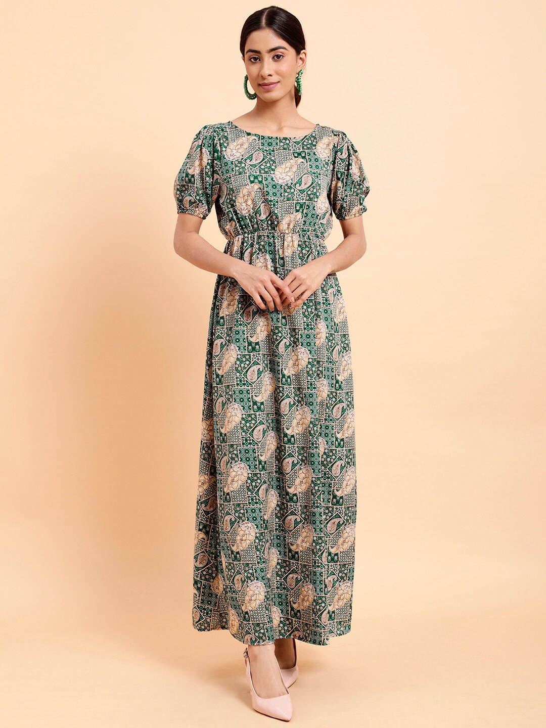 

MINT STREET Ethnic Motifs Printed Crepe Maxi Dress, Green