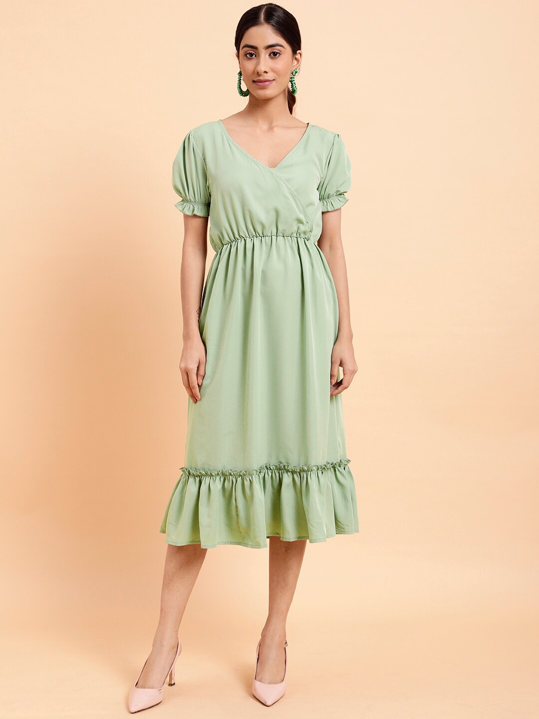 

MINT STREET V-Neck Puff Sleeves Crepe Fit & Flare Midi Dress, Green