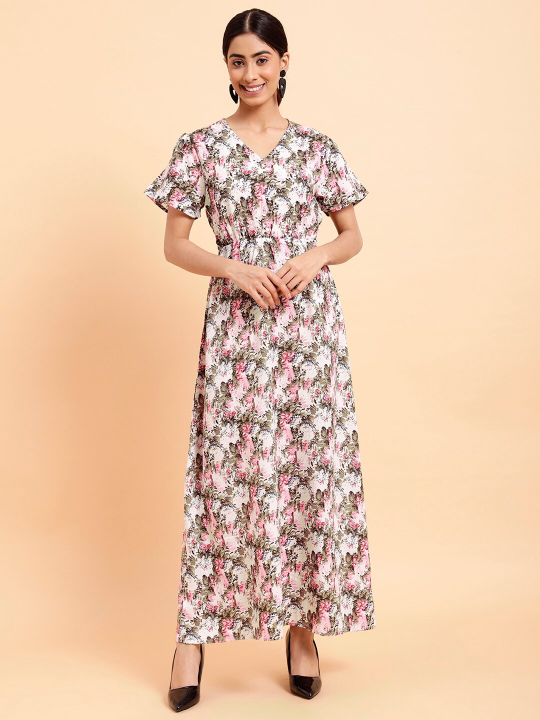 

MINT STREET Floral Printed Flared Sleeve Crepe Maxi Dress, White