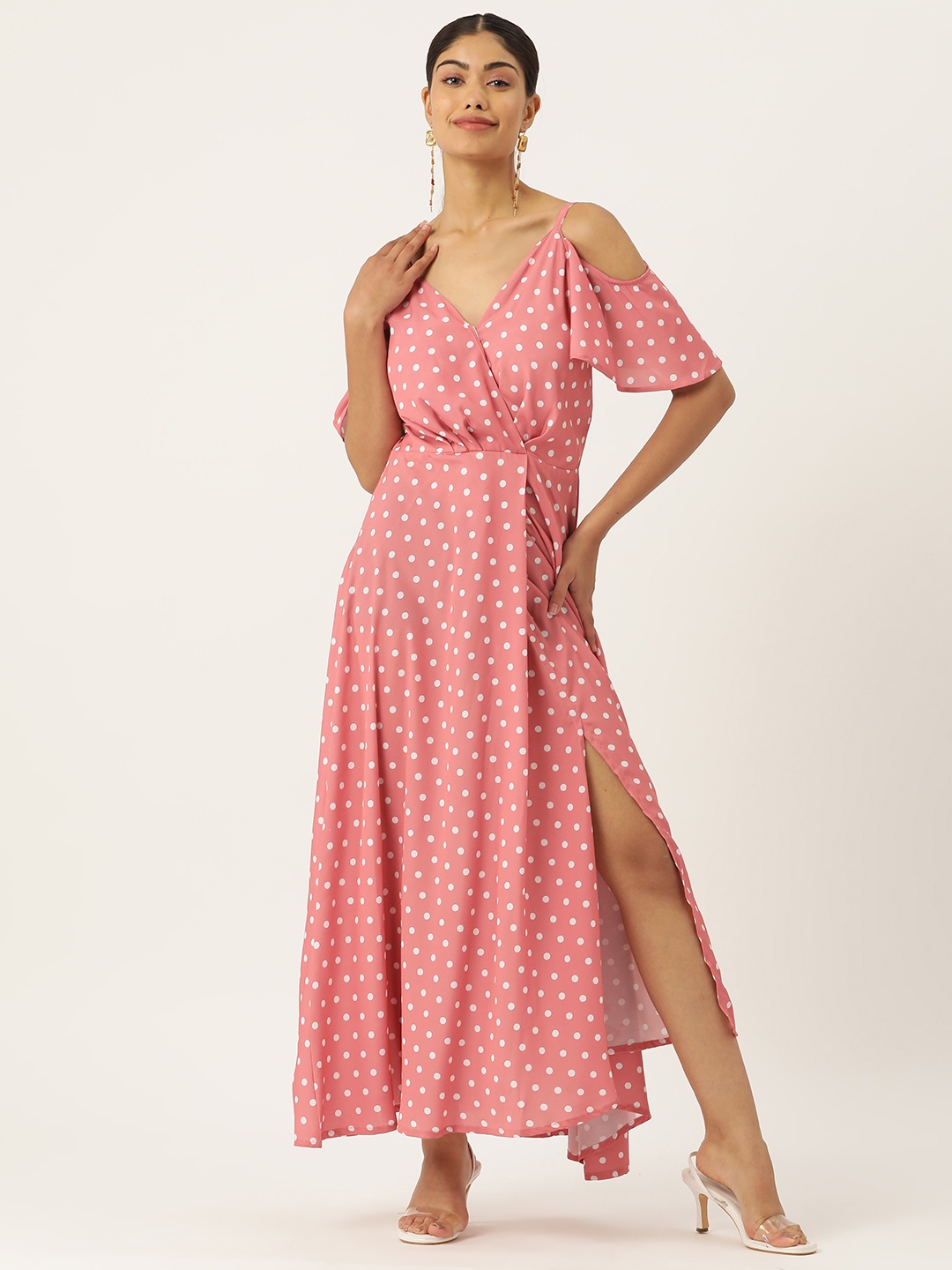 

ZIZO By Namrata Bajaj Polka Dot Printed Cold-Shoulder Crepe Maxi Dress, Pink