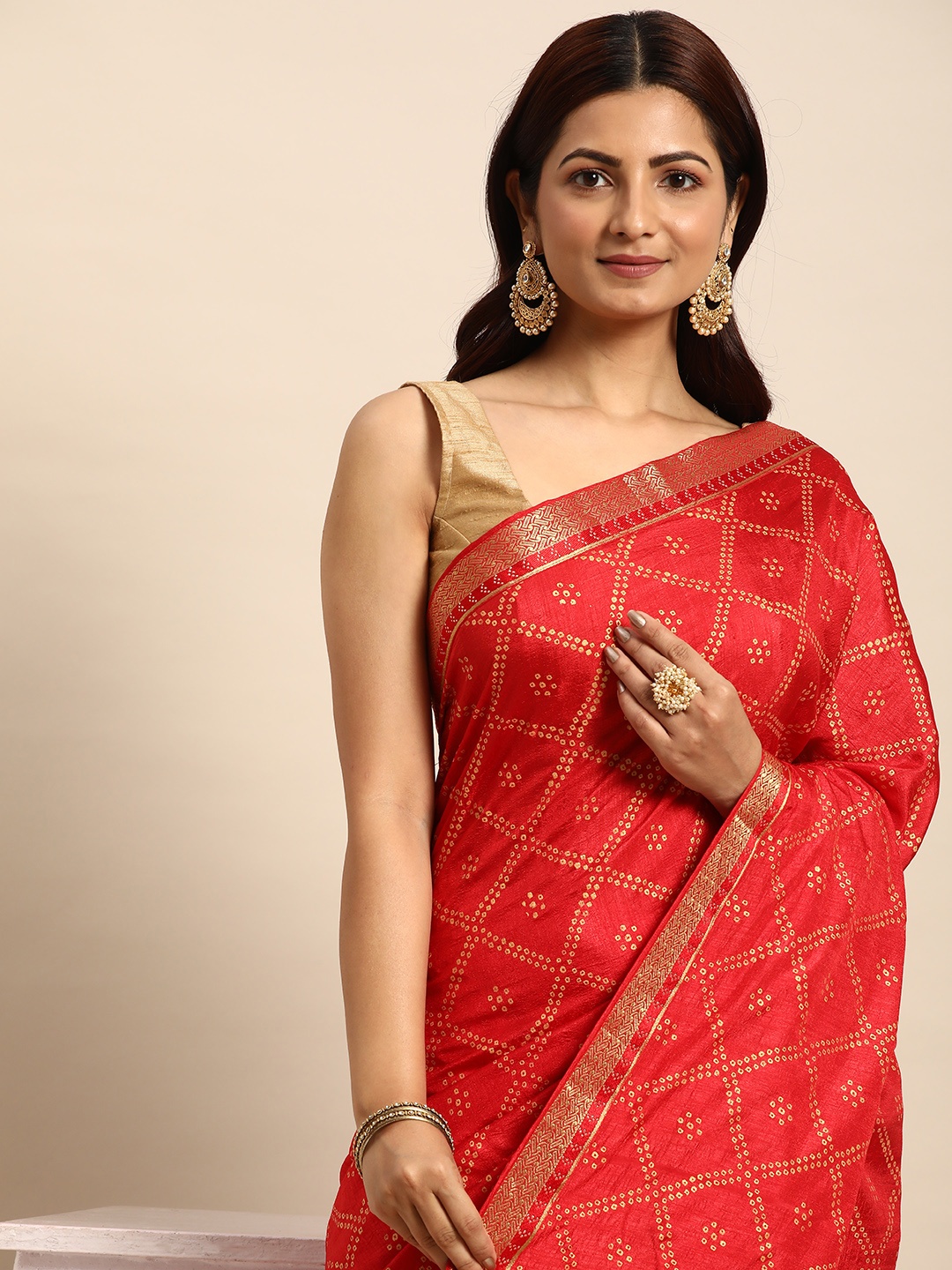 

Indian Women Bandhani Zari Silk Blend Saree, Red
