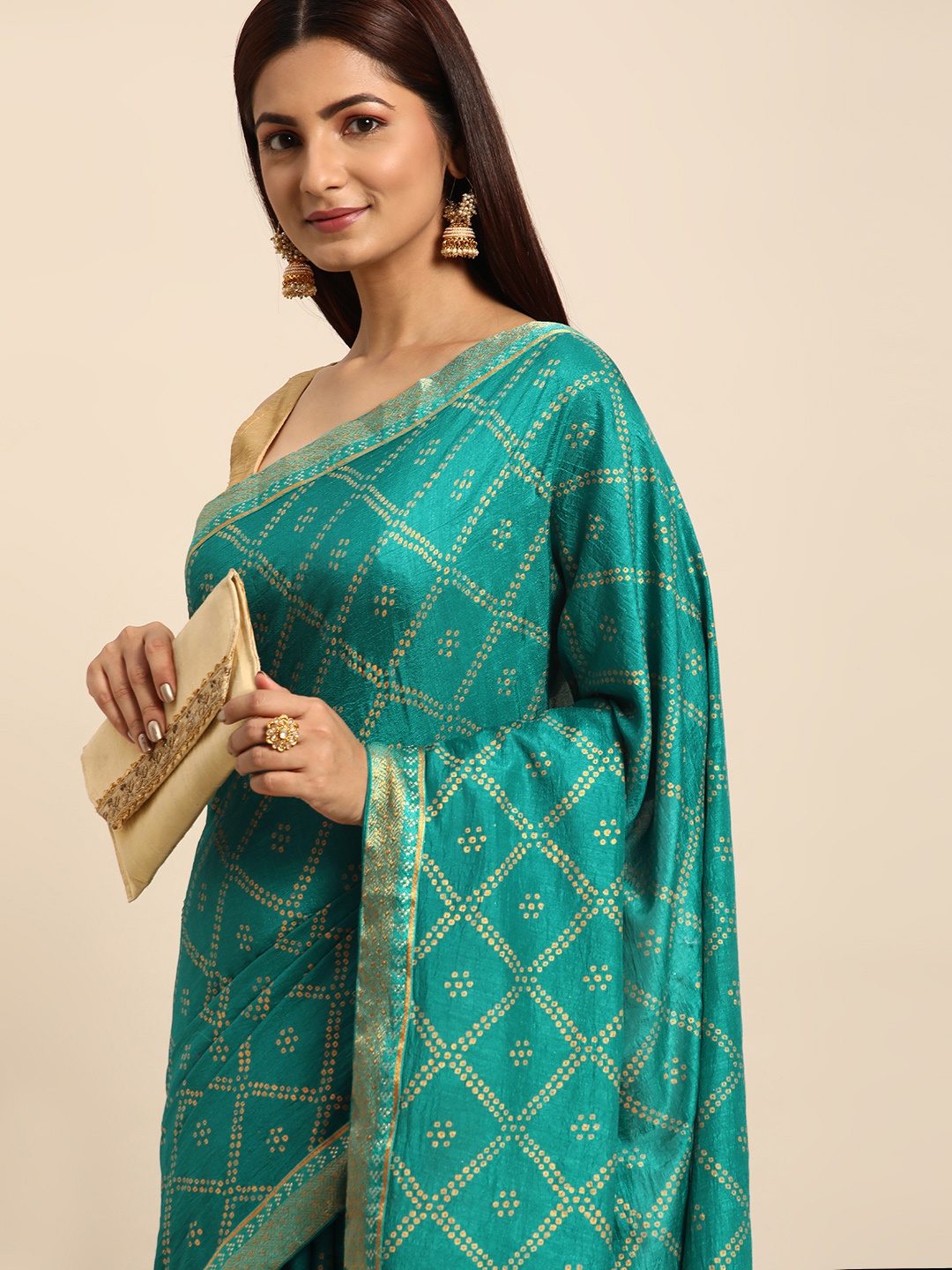 

Indian Women Bandhani Zari Silk Blend Saree, Green