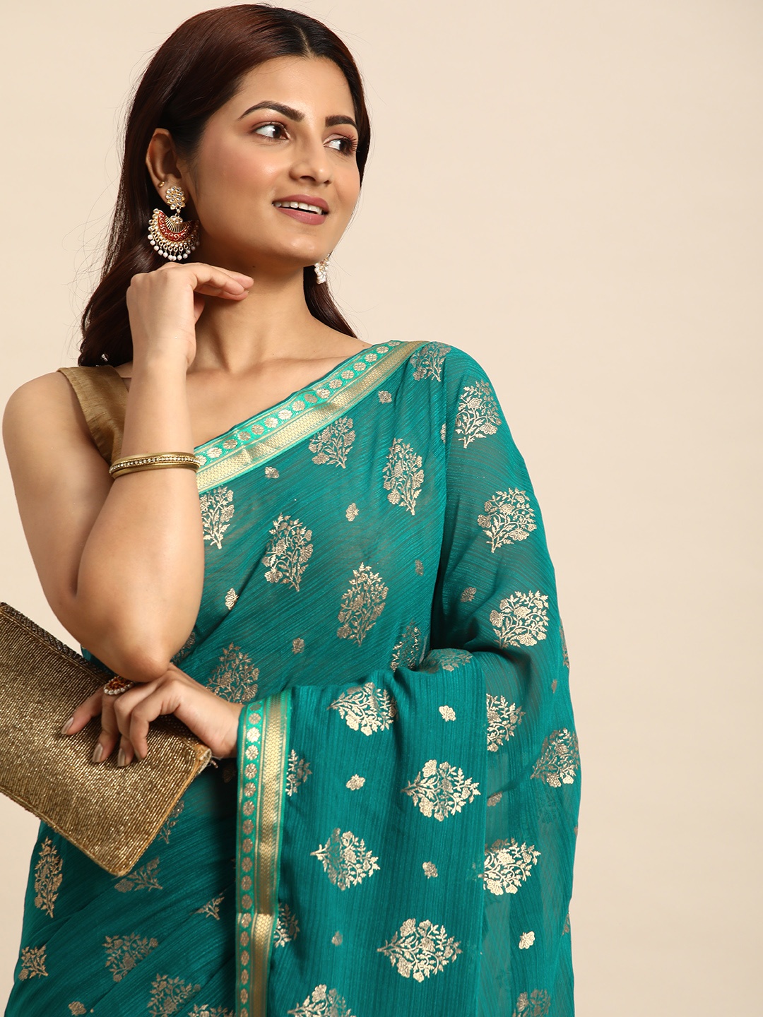 

Indian Women Ethnic Motifs Zari Silk Blend Saree, Green