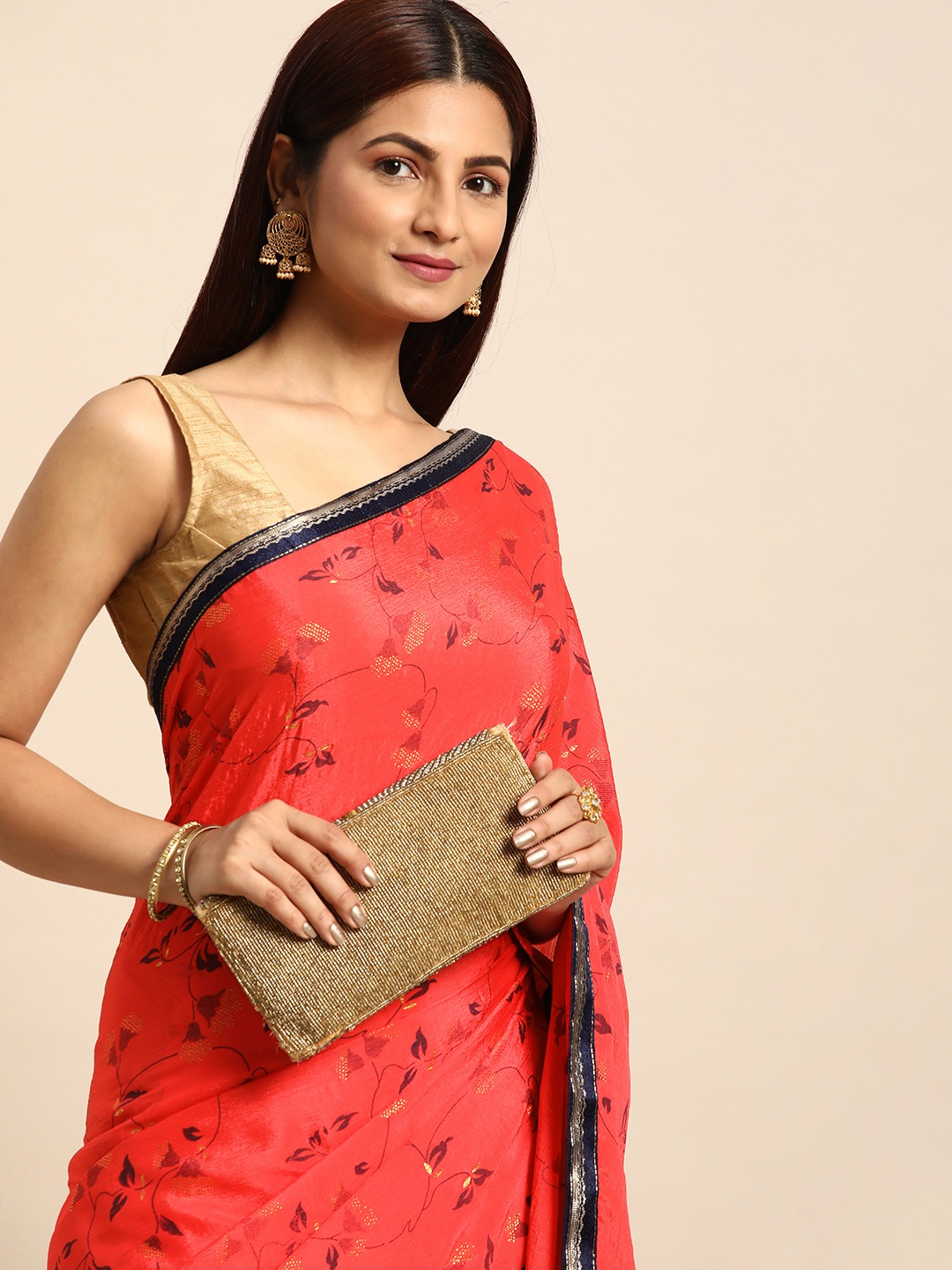 

Indian Women Floral Printed Saree, Pink