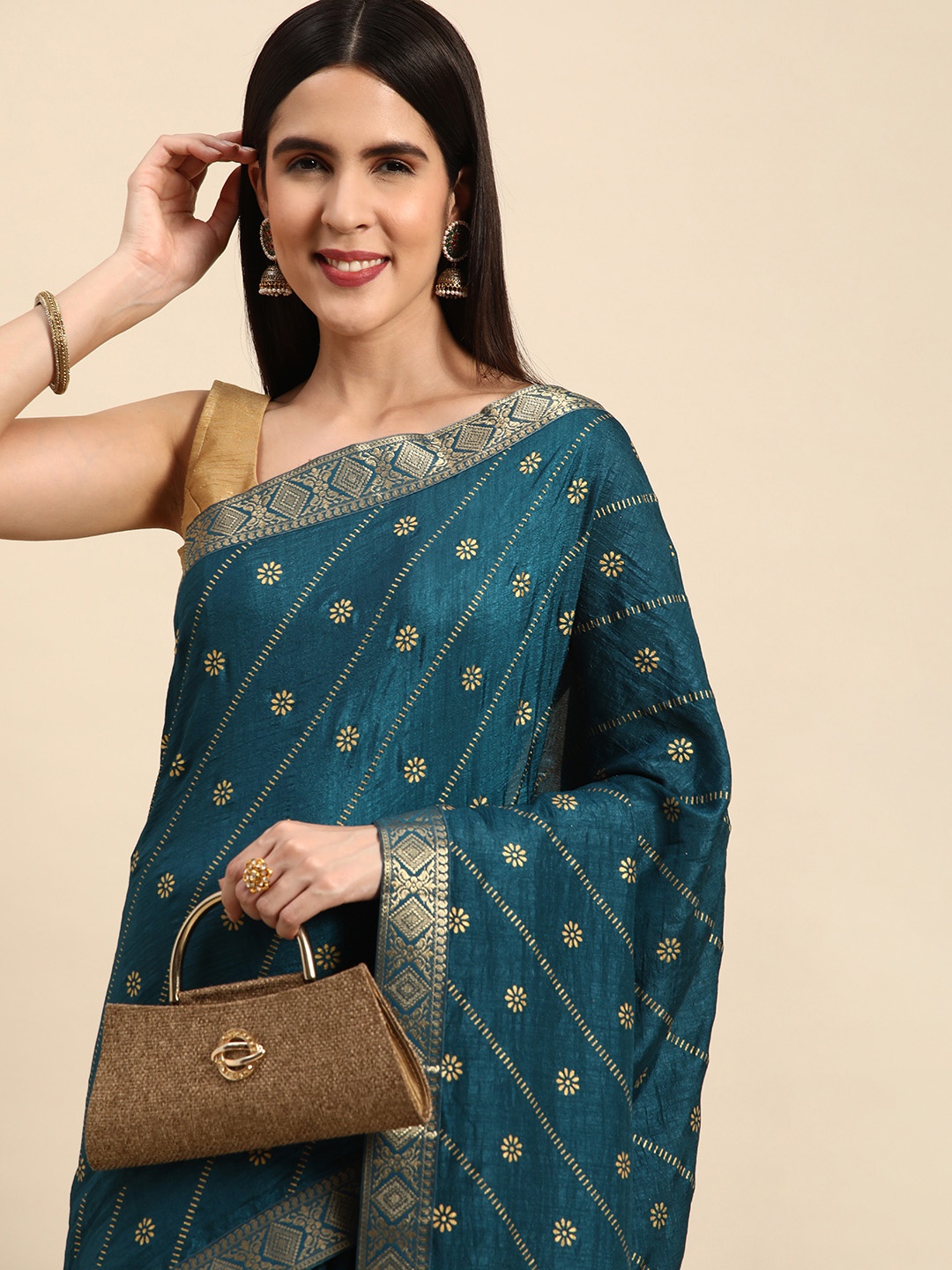 

Indian Women Woven Designed Gotta Patti Detail Silk Blend Designer Saree, Blue