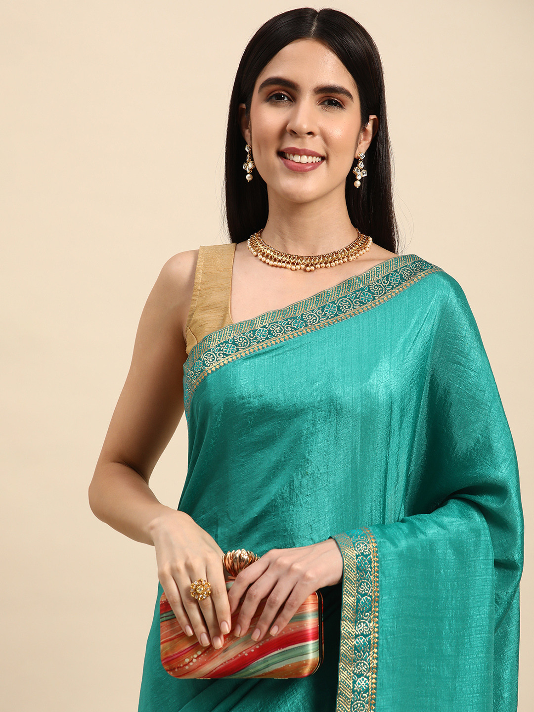 

Indian Women Silk Blend Embellished Saree, Turquoise blue