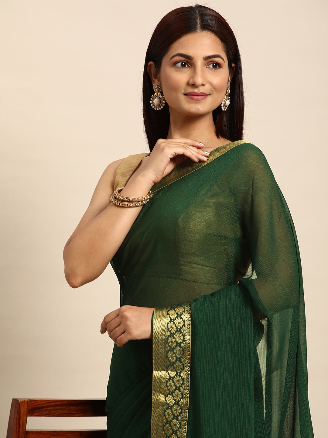 

Indian Women Solid Silk Blend Saree, Green