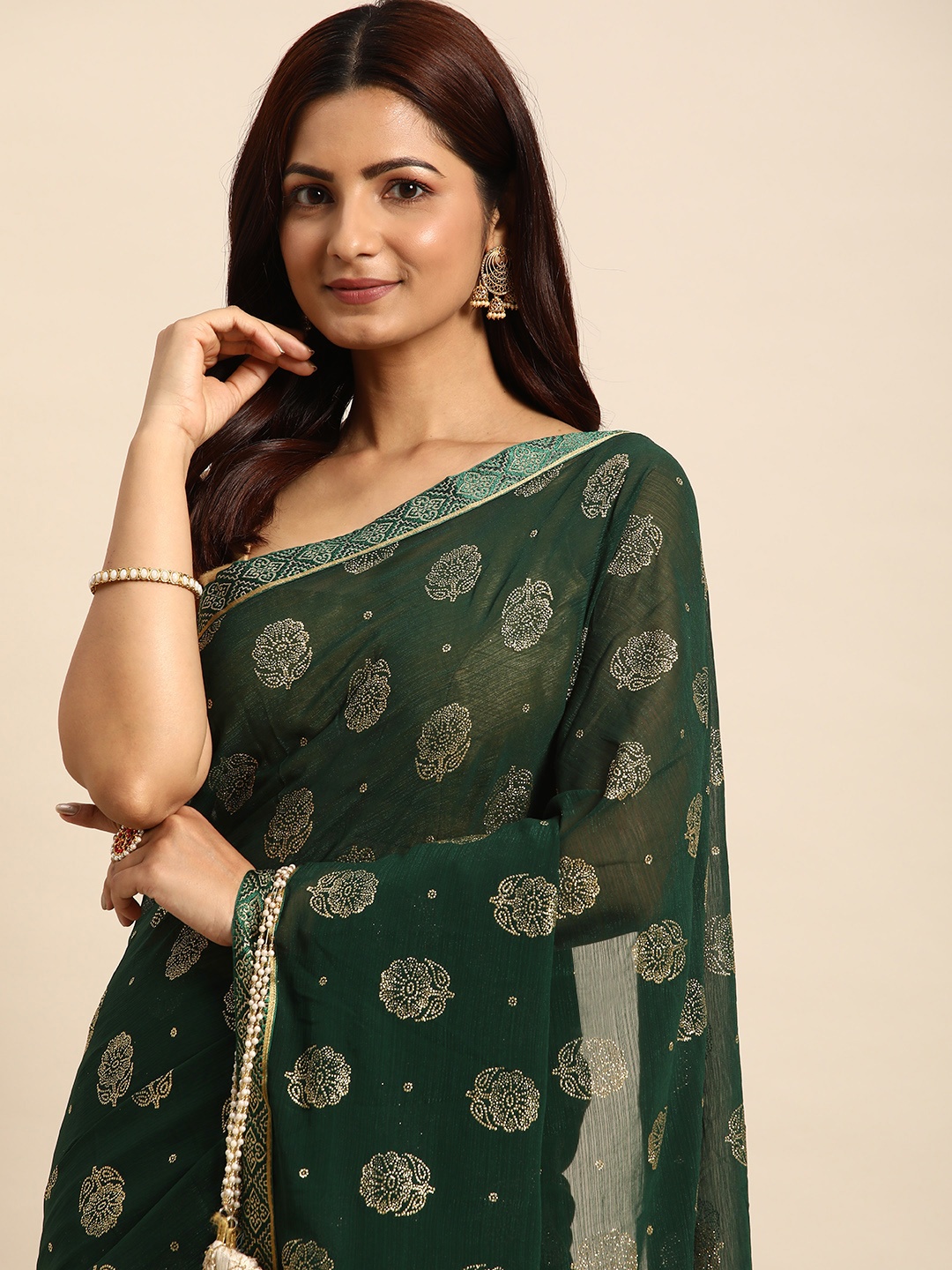 

Indian Women Floral Zari Silk Blend Saree, Green