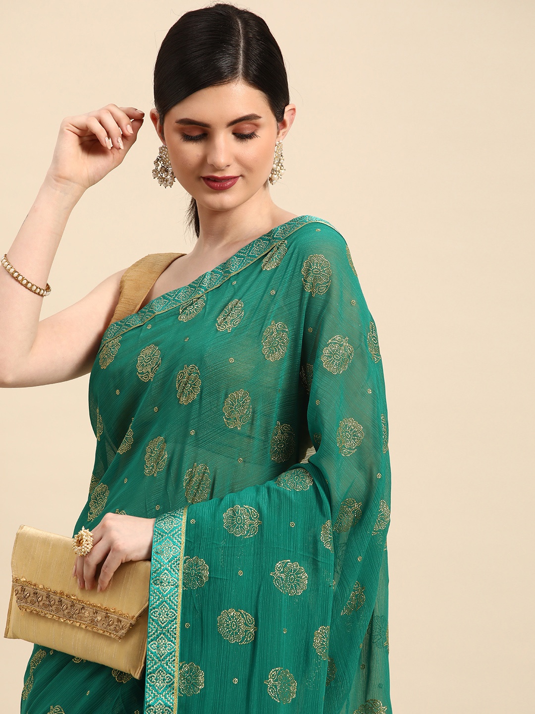 

Indian Women Woven Designed Gotta Patti Detail Silk Blend Designer Saree, Green
