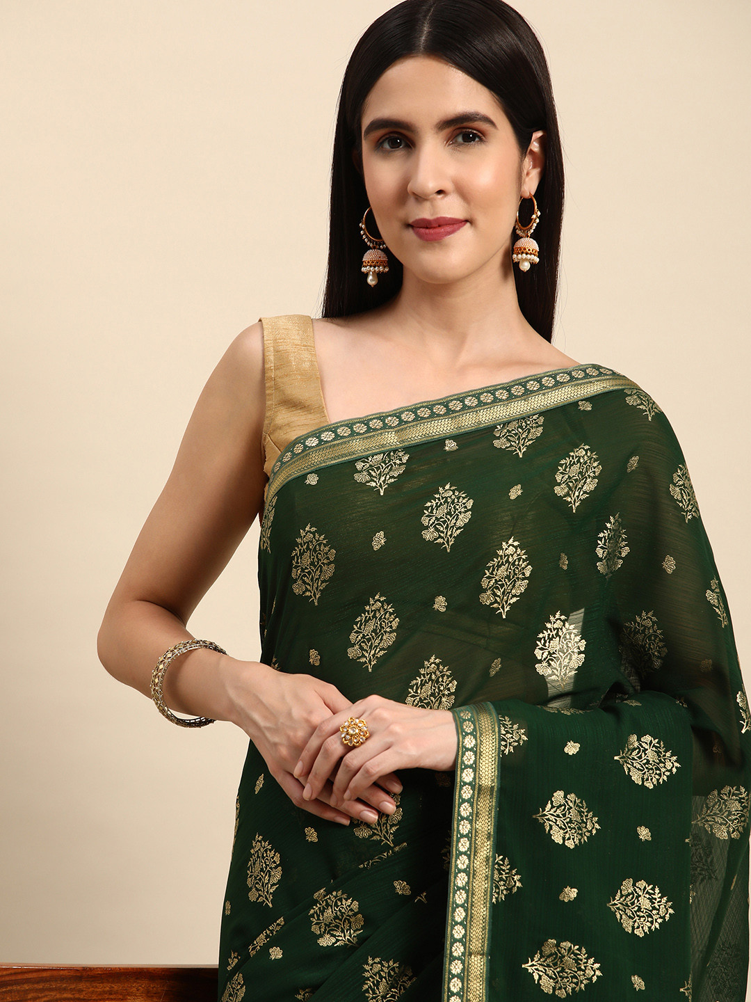 

Indian Women Ethnic Motifs Zari Silk Blend Saree, Green