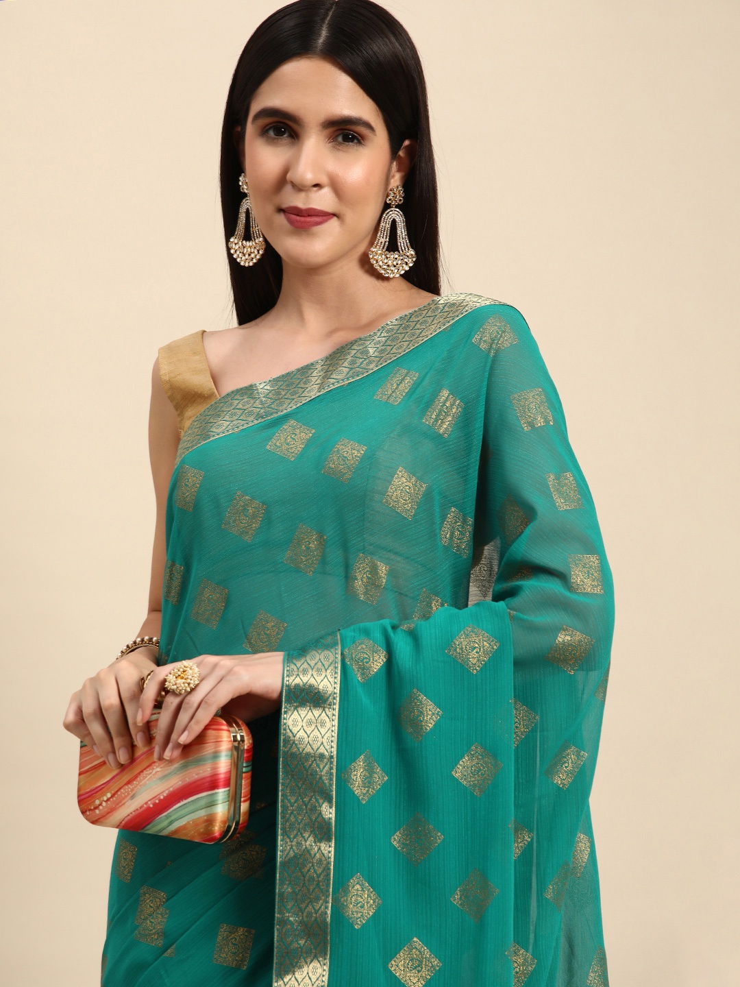 

Indian Women Ethnic Motifs Zari Silk Blend Saree, Green
