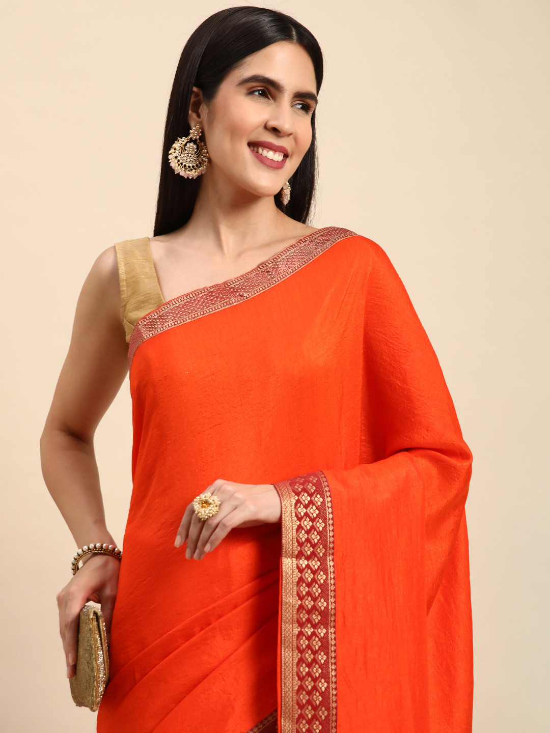 

Indian Women Solid Silk Blend Saree, Orange