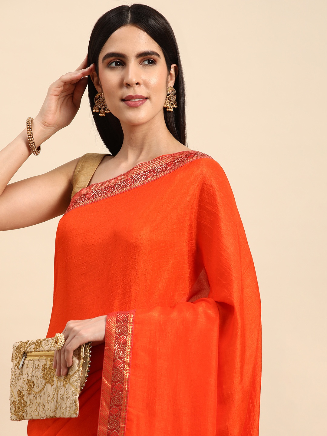 

Indian Women Embellished Beads & Stones Detail Saree, Orange