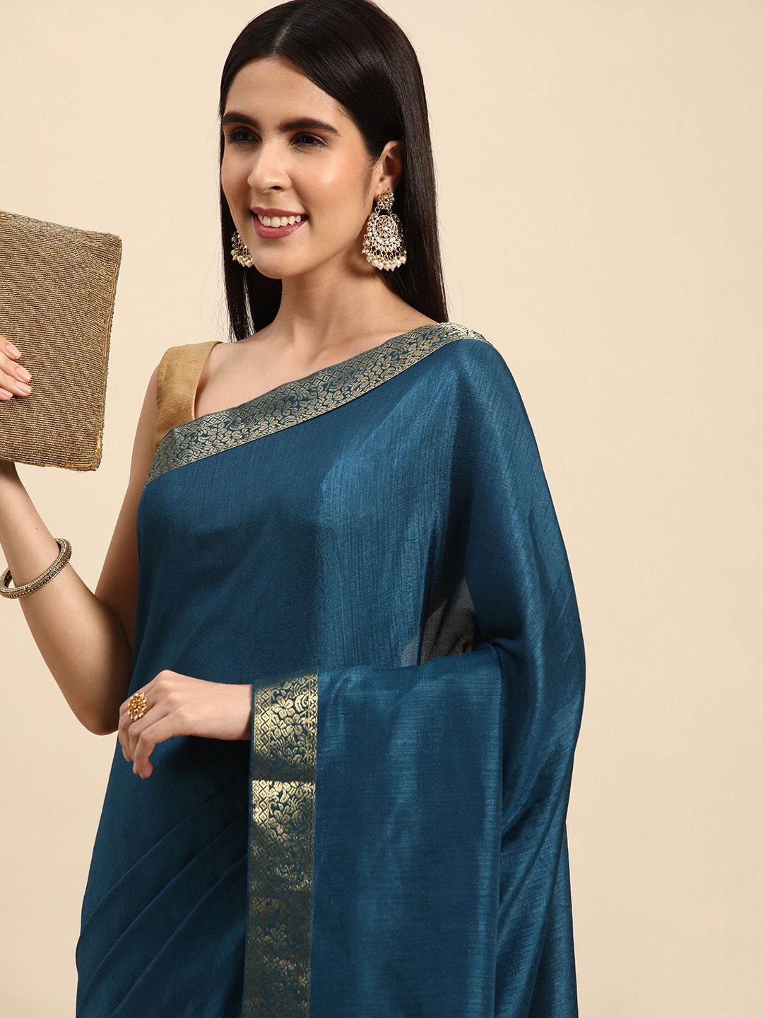 

Indian Women Gotta Patti Border Silk Blend Designer Saree, Blue