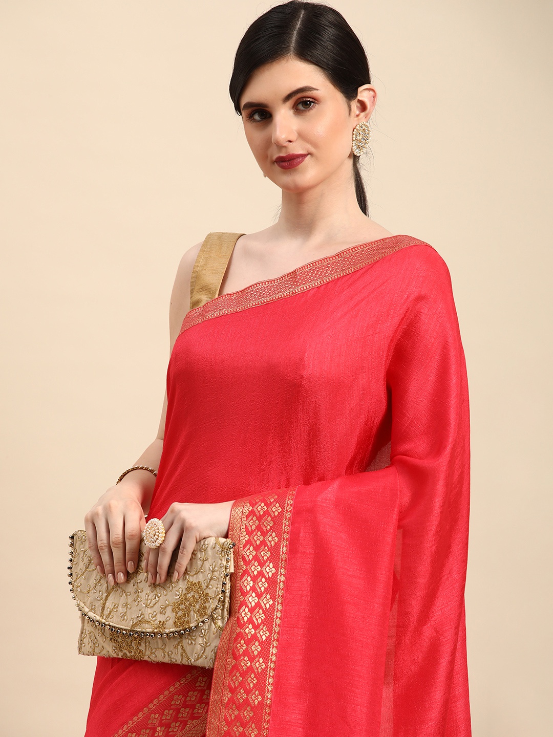 

Indian Women Printed Border Silk Blend Saree, Coral
