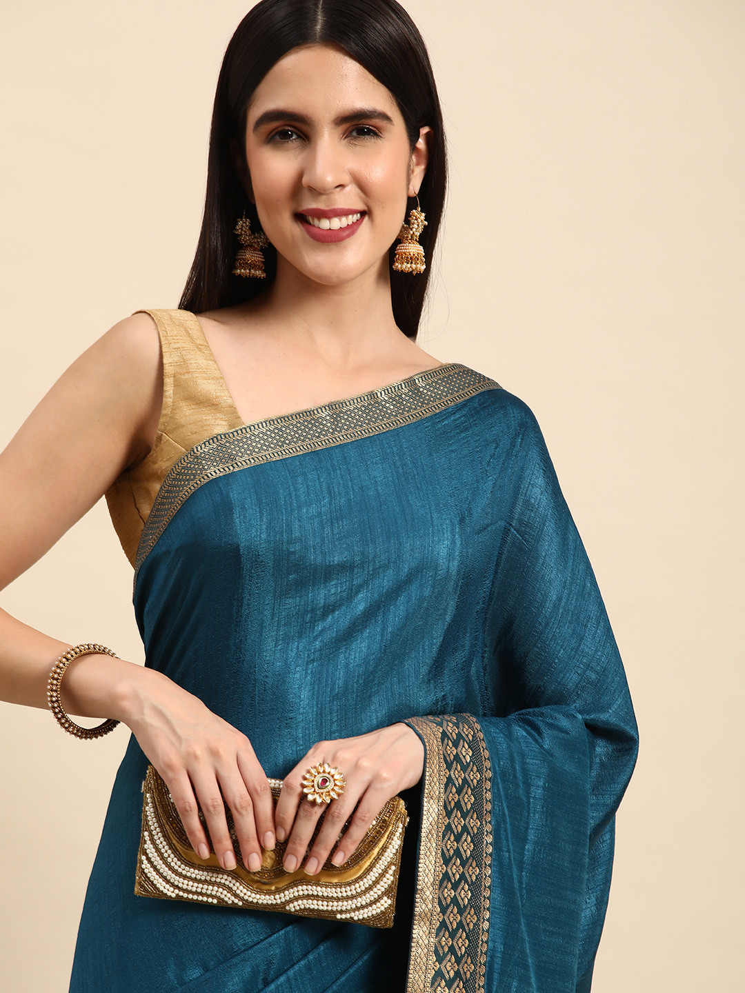 

Indian Women Printed Border Silk Blend Saree, Blue