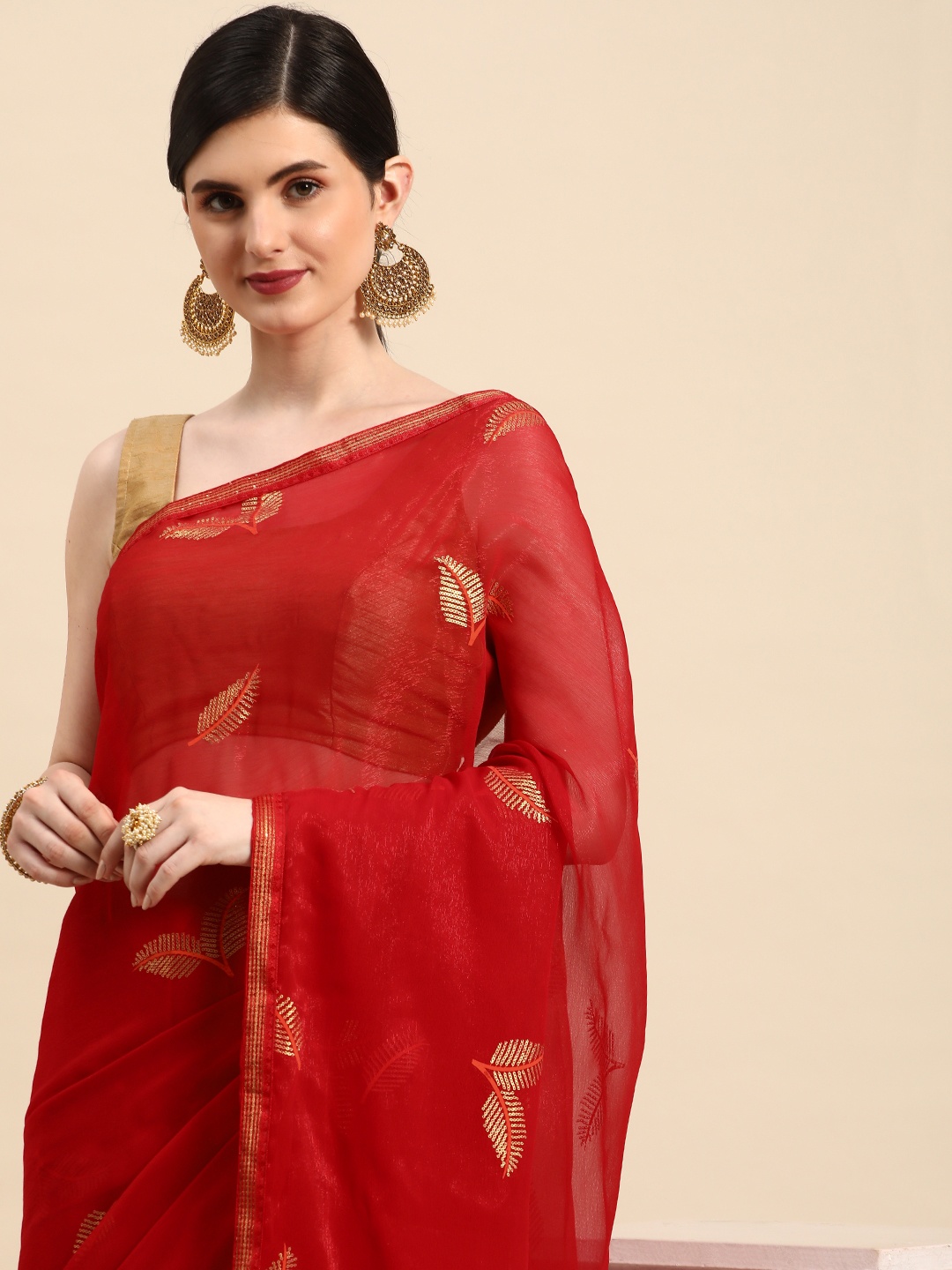 

Indian Women Embellished Foil Print Designer Saree, Red