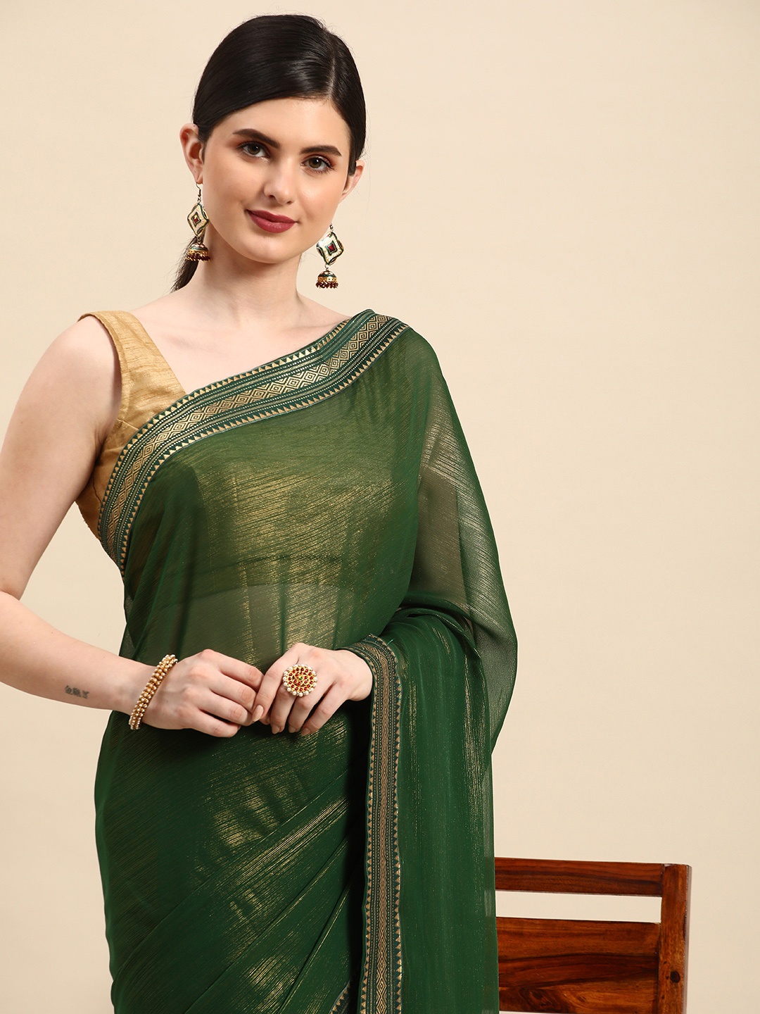 

Indian Women Chiffon Georgette Printed Border Saree, Green