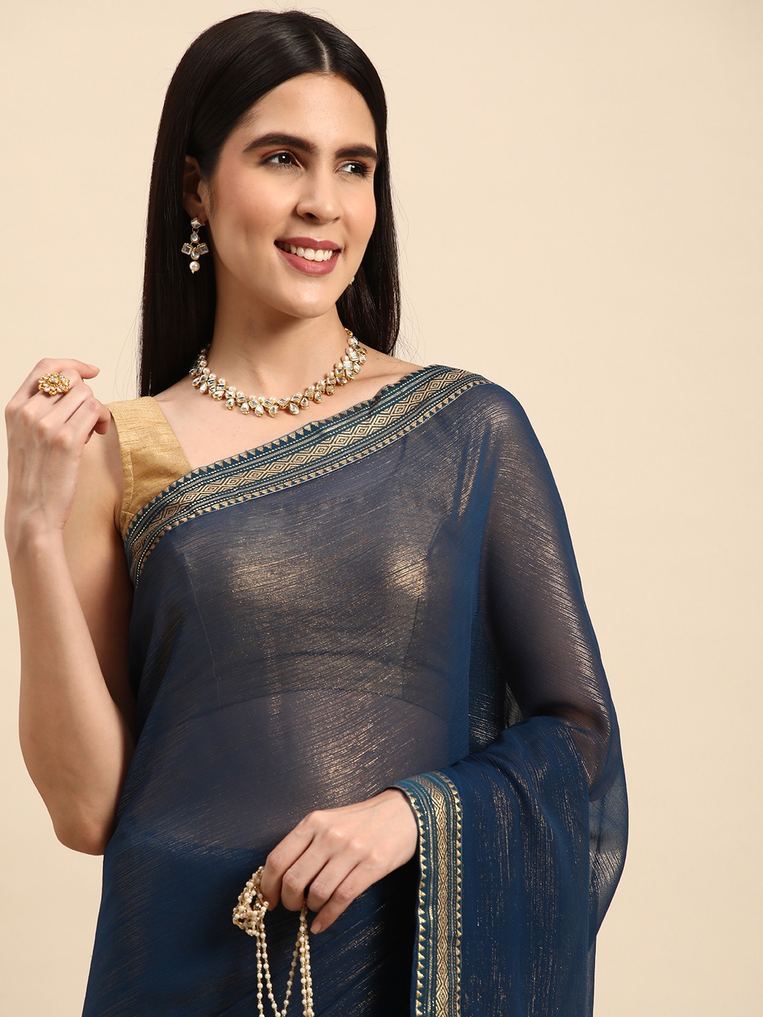 Indian Women Chiffon Georgette Printed Border Saree, Blue