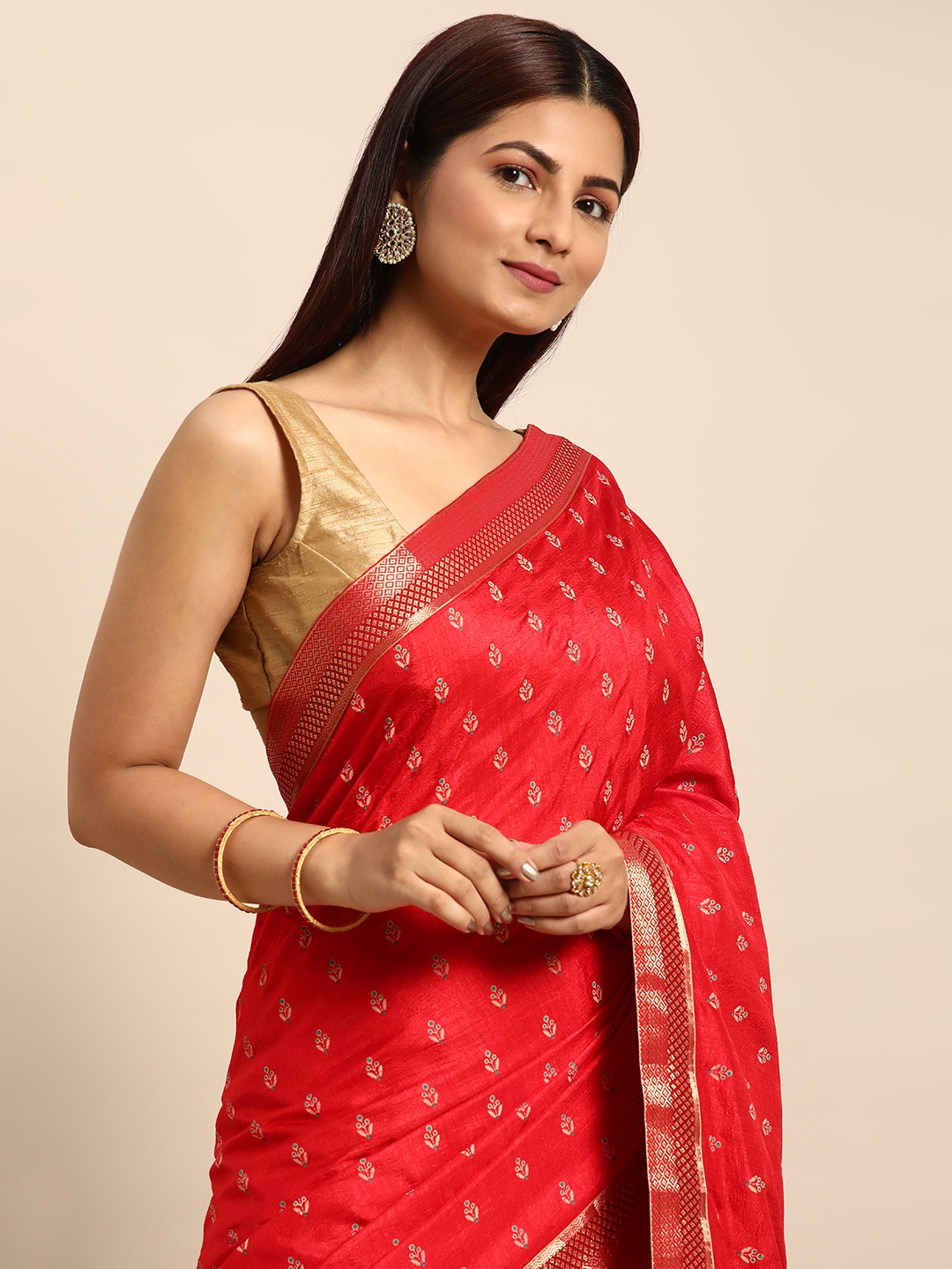 

Indian Women Floral Zari Silk Blend Saree, Red