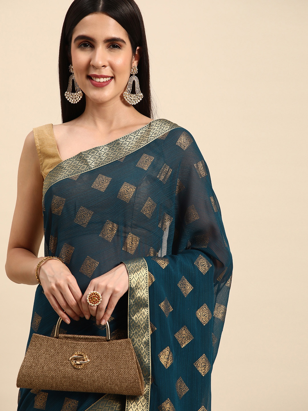 

Indian Women Zari Silk Blend Saree, Navy blue