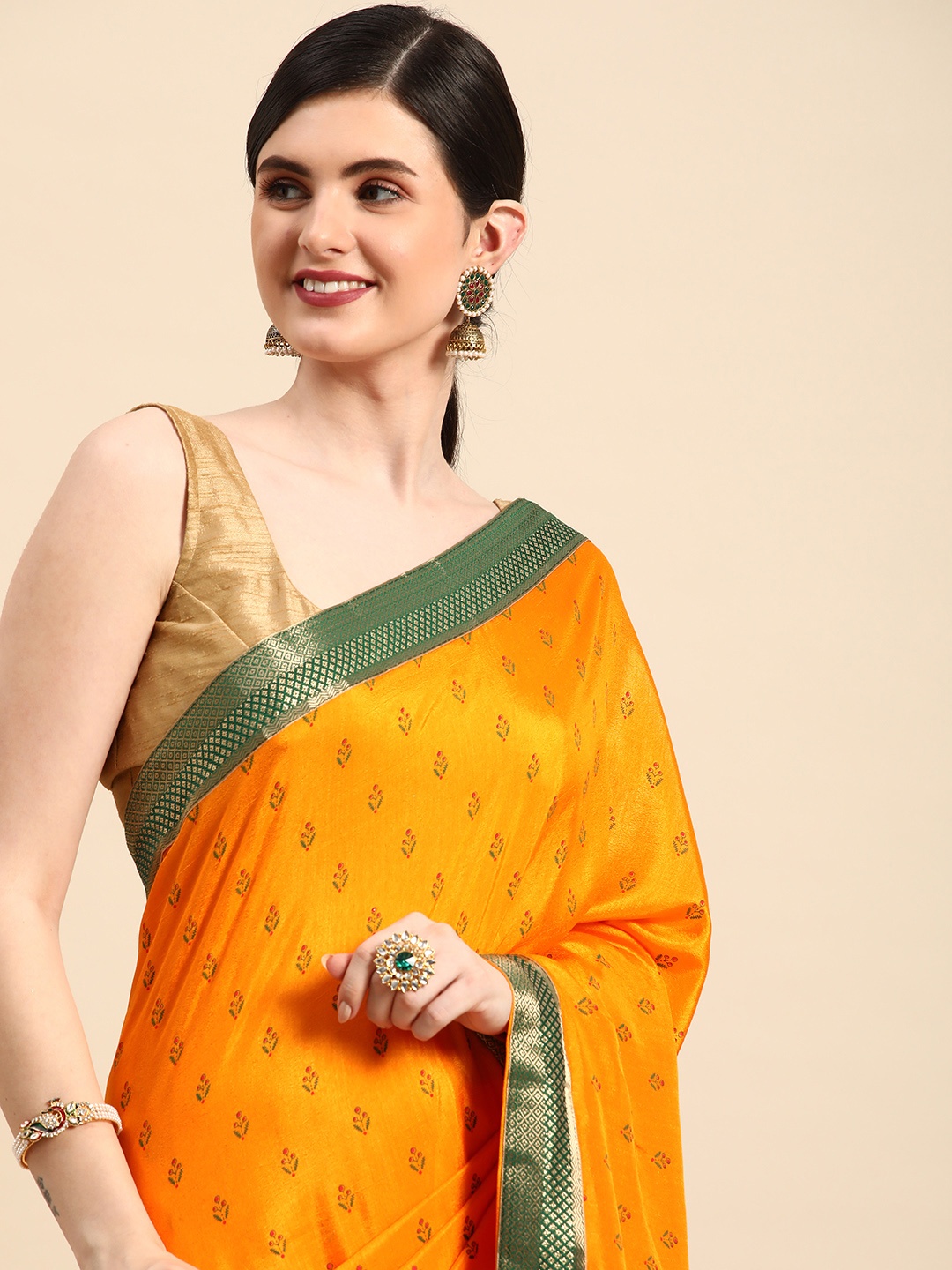 

Indian Women Ethnic Motifs Print Gotta Patti Detail Silk Blend Designer Saree, Yellow
