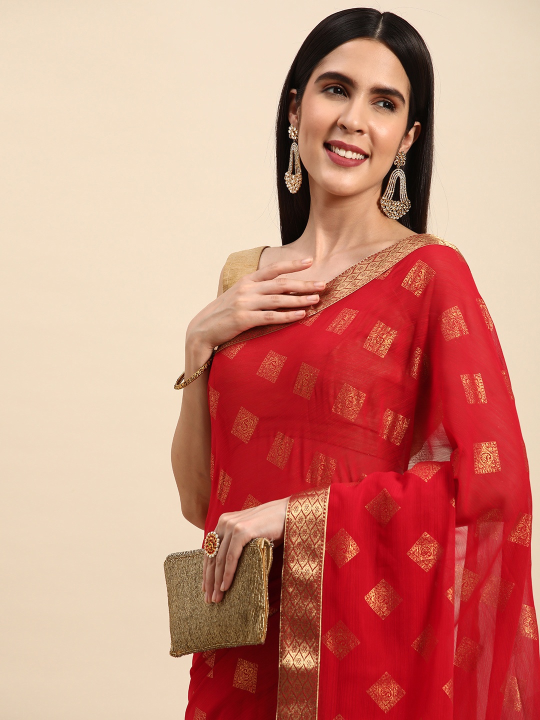 

Indian Women Zari Silk Blend Saree, Red