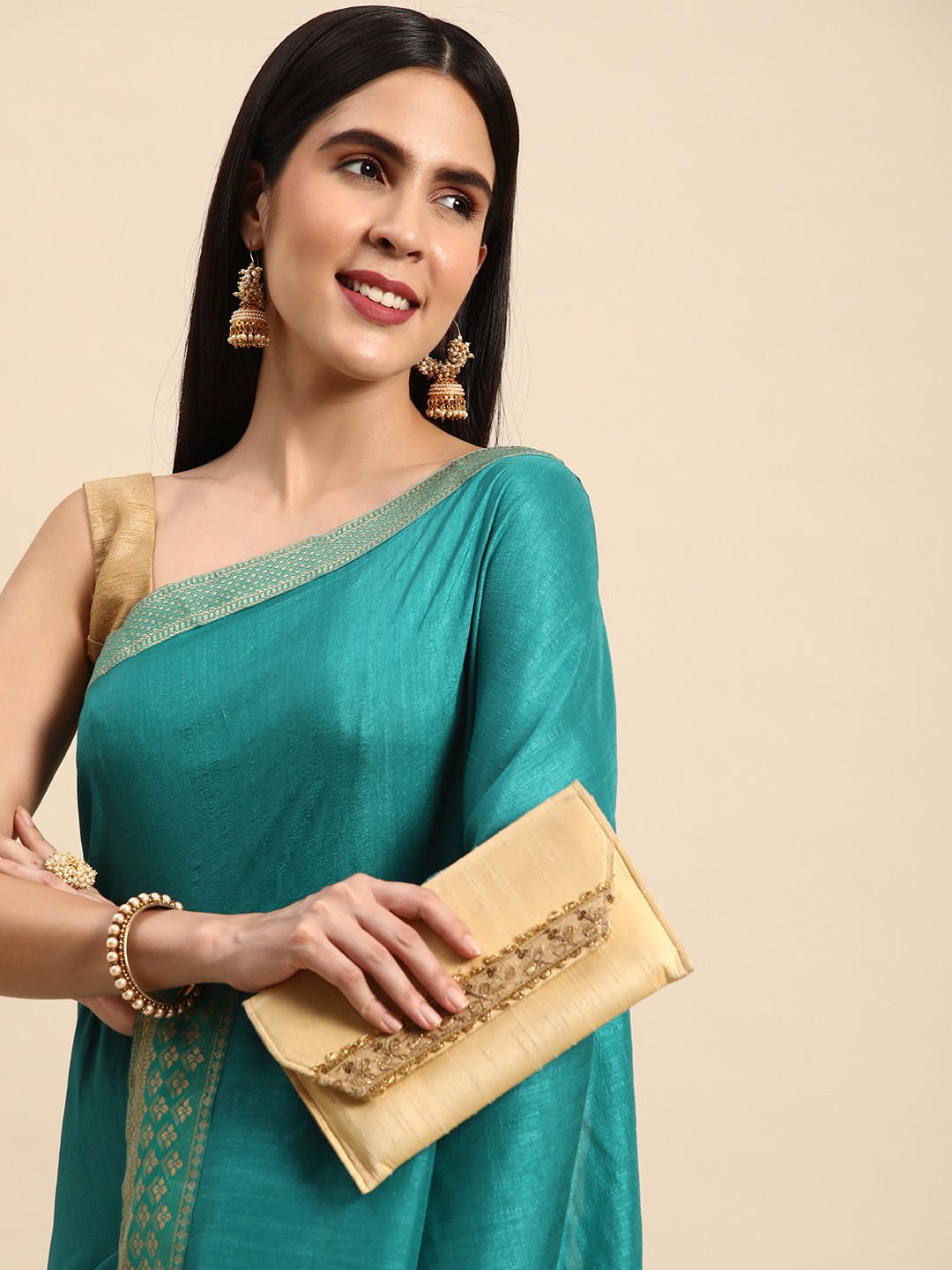

Indian Women Printed Border Silk Blend Saree, Turquoise blue