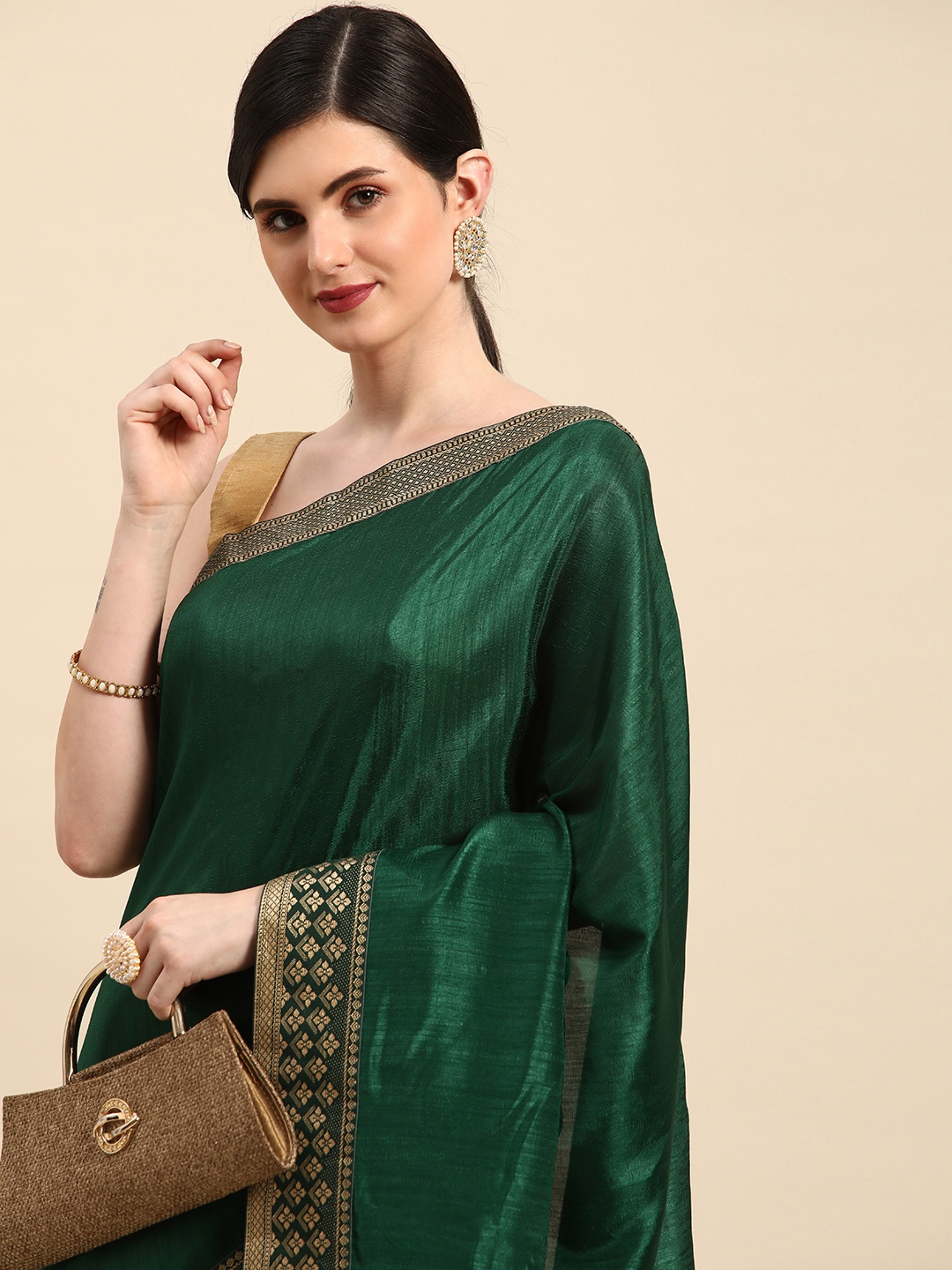 

Indian Women Printed Border Silk Blend Saree, Green