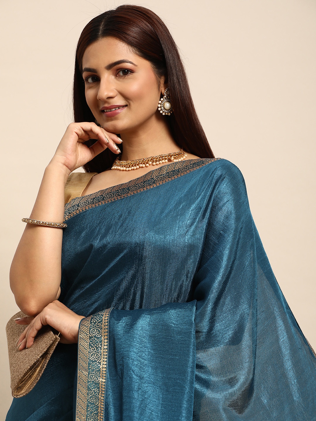 

Indian Women Solid Silk Blend Saree, Blue