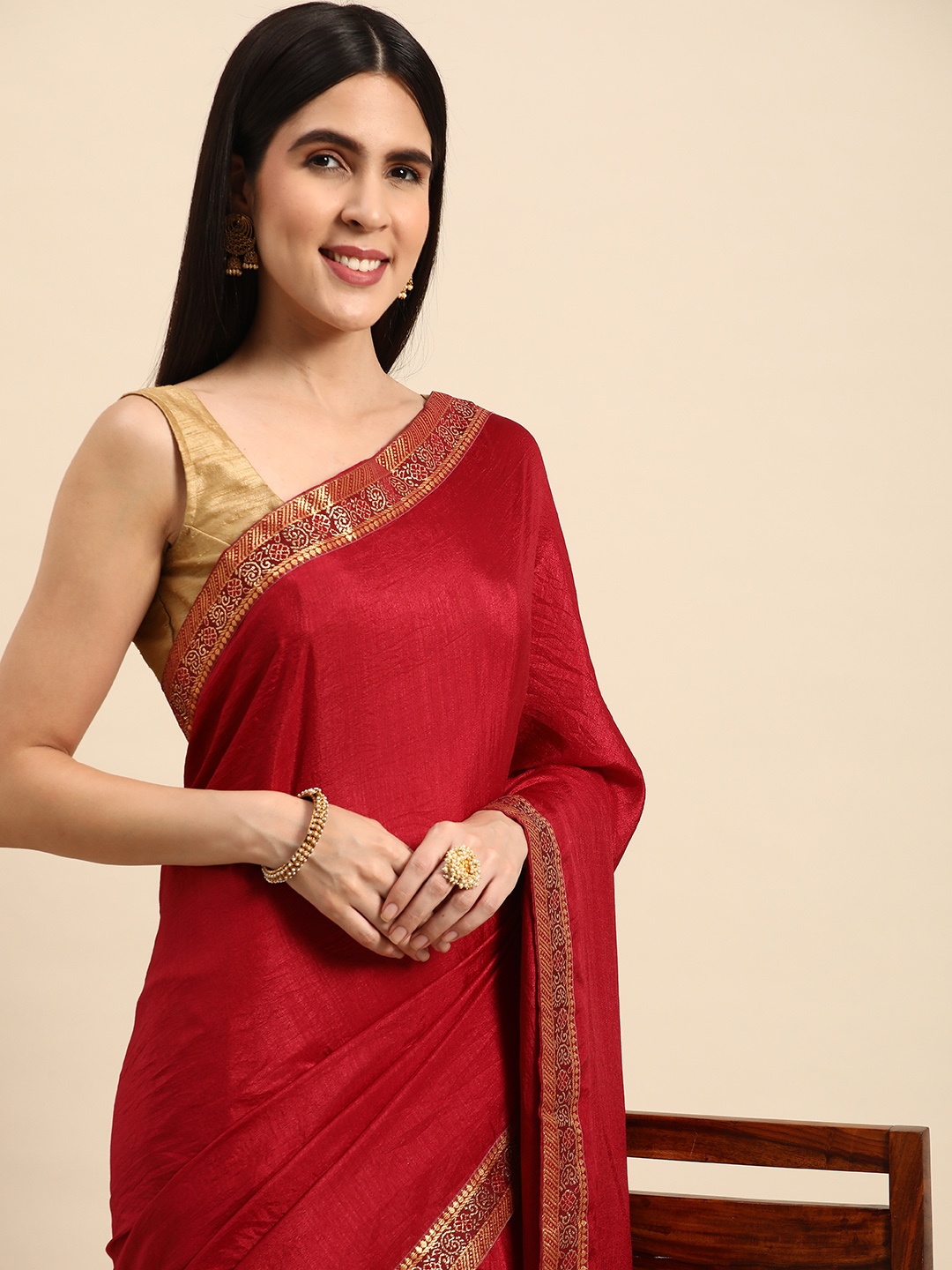

Indian Women Beads & Stones Detail Silk Blend Saree, Maroon