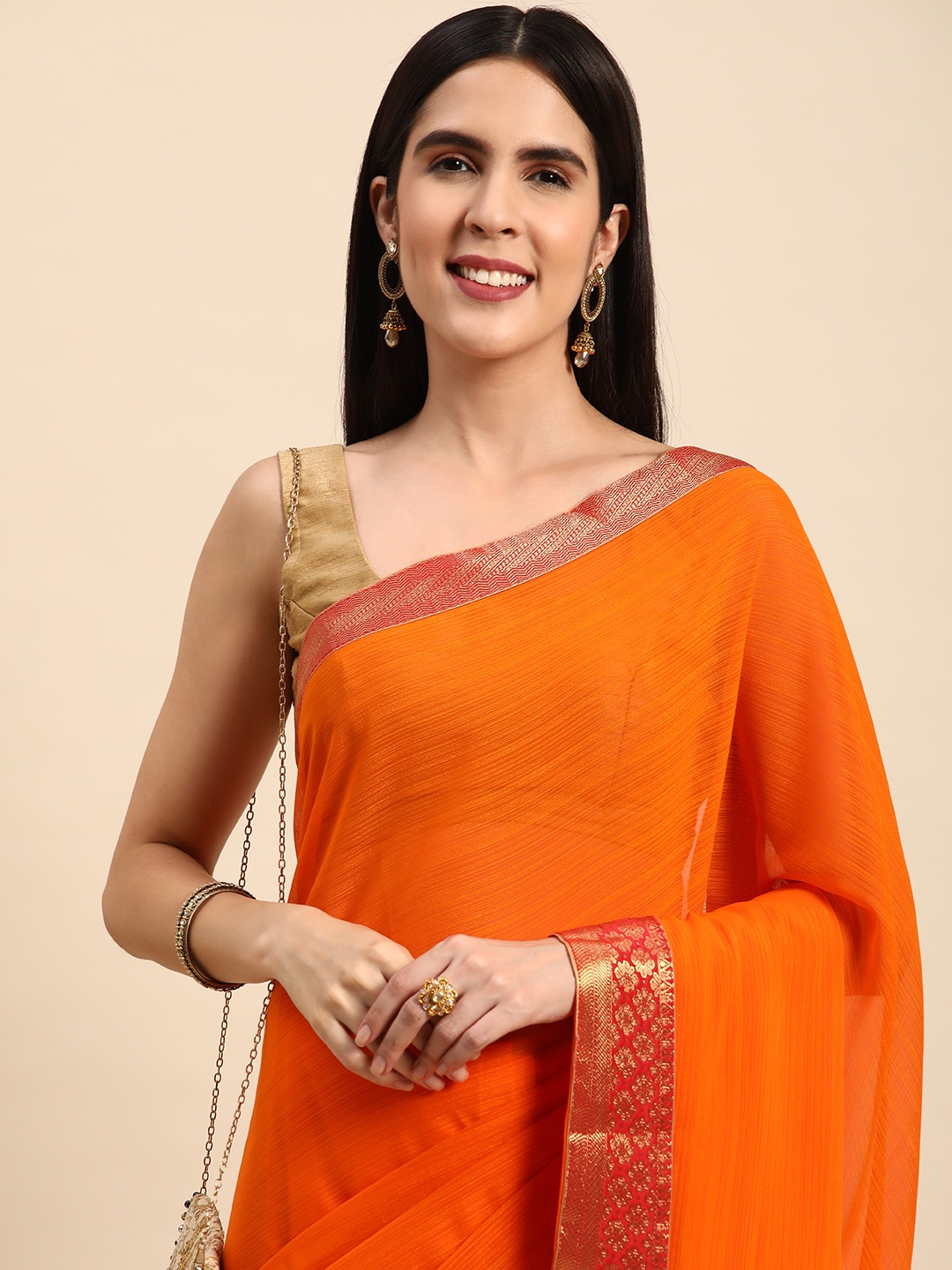 

Indian Women Beads & Stones Detail Silk Blend Saree, Orange