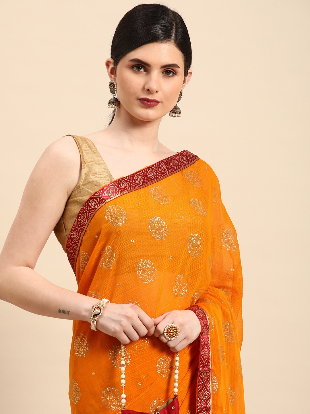 

Indian Women Woven Designed Gotta Patti Detail Silk Blend Designer Saree, Yellow