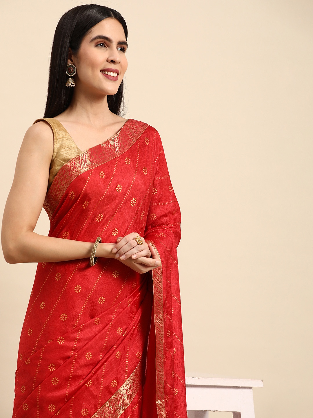 

Indian Women Woven Designed Gotta Patti Detail Silk Blend Designer Saree, Red