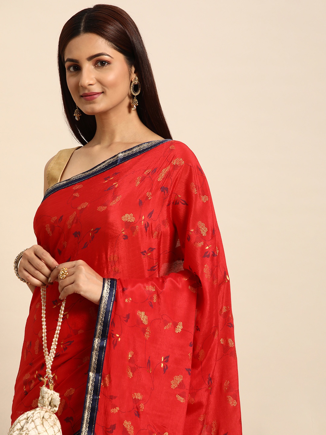 

Indian Women Floral Printed Saree, Red