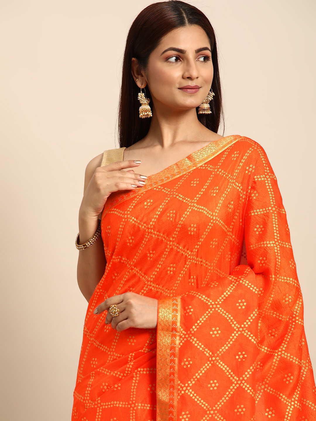

Indian Women Bandhani Silk Blend Saree, Orange