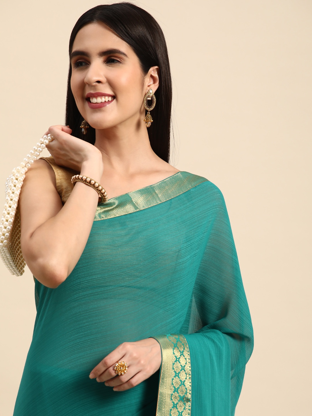 

Indian Women Beads & Stones Detail Silk Blend Saree, Turquoise blue