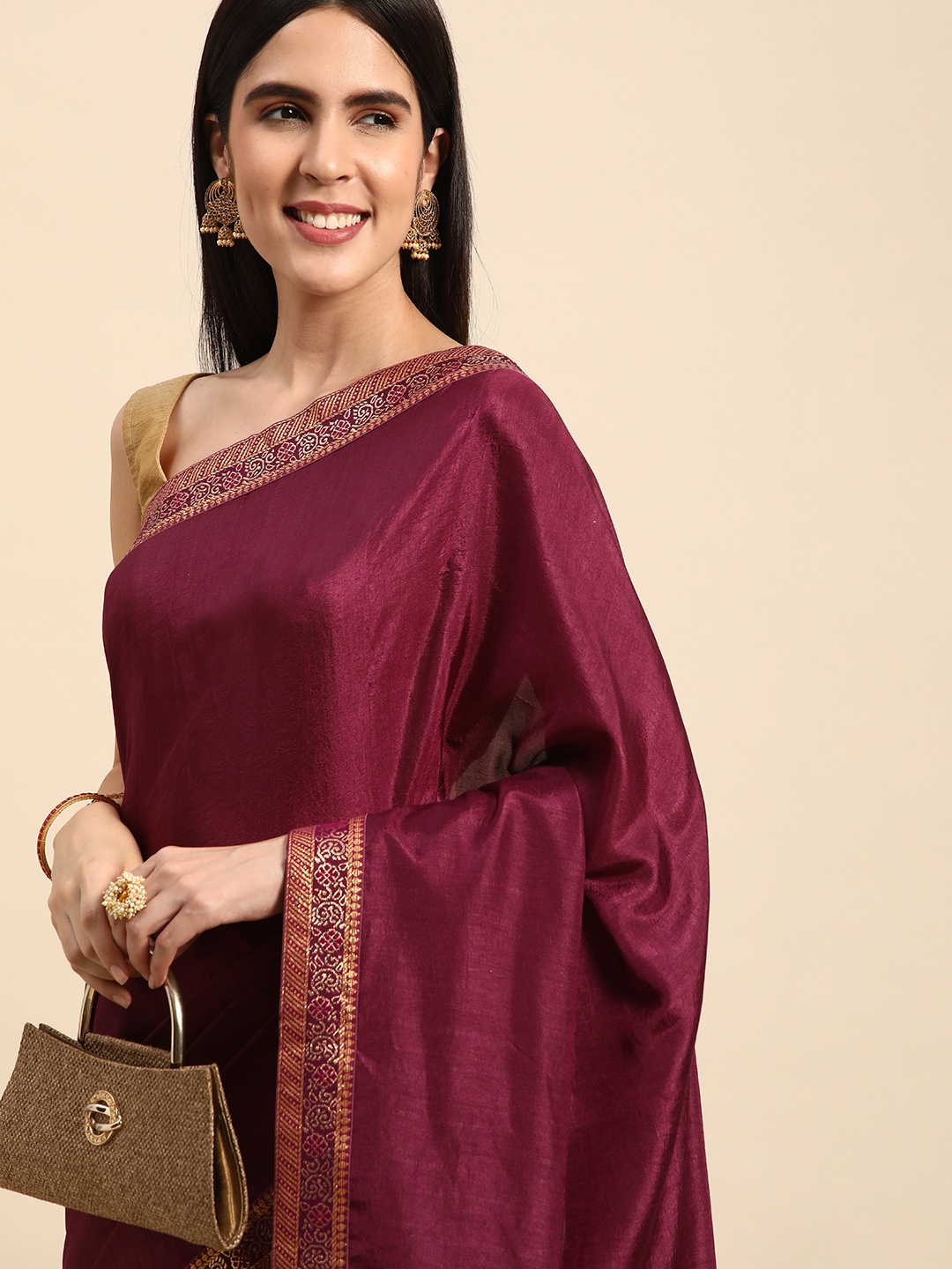 

Indian Women Beads & Stones Detail Silk Blend Saree, Burgundy