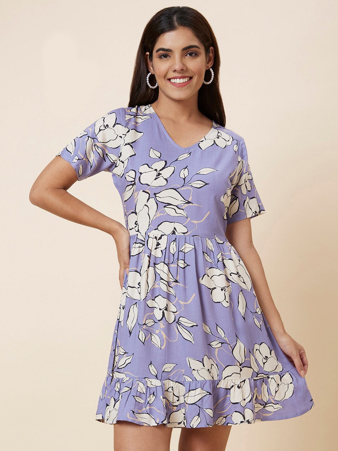 

Globus Floral Printed V-Neck Mini A-Line Dress, Purple