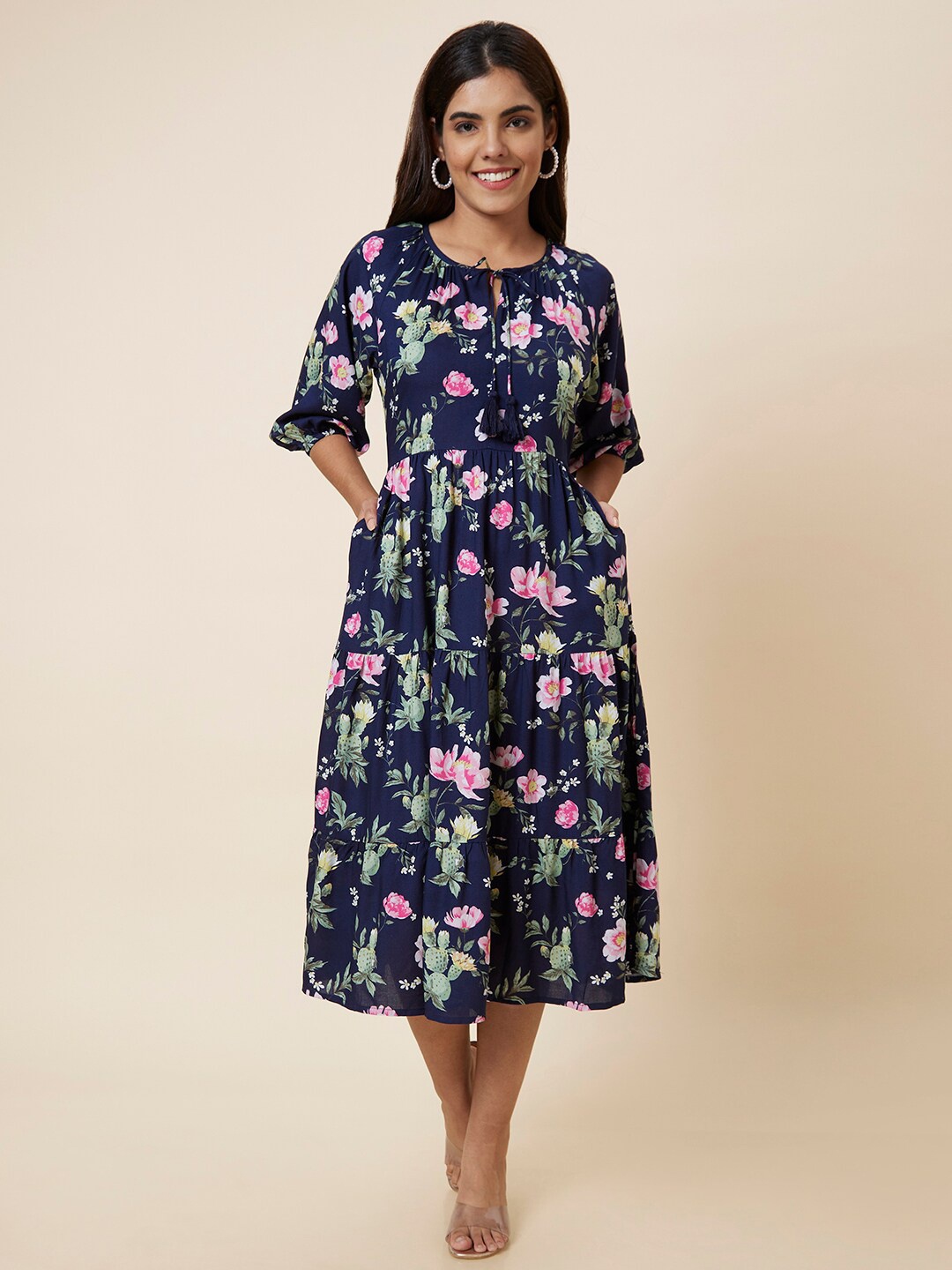 

Globus Floral Printed Tie Up Neck Fit & Flare Midi Dress, Navy blue