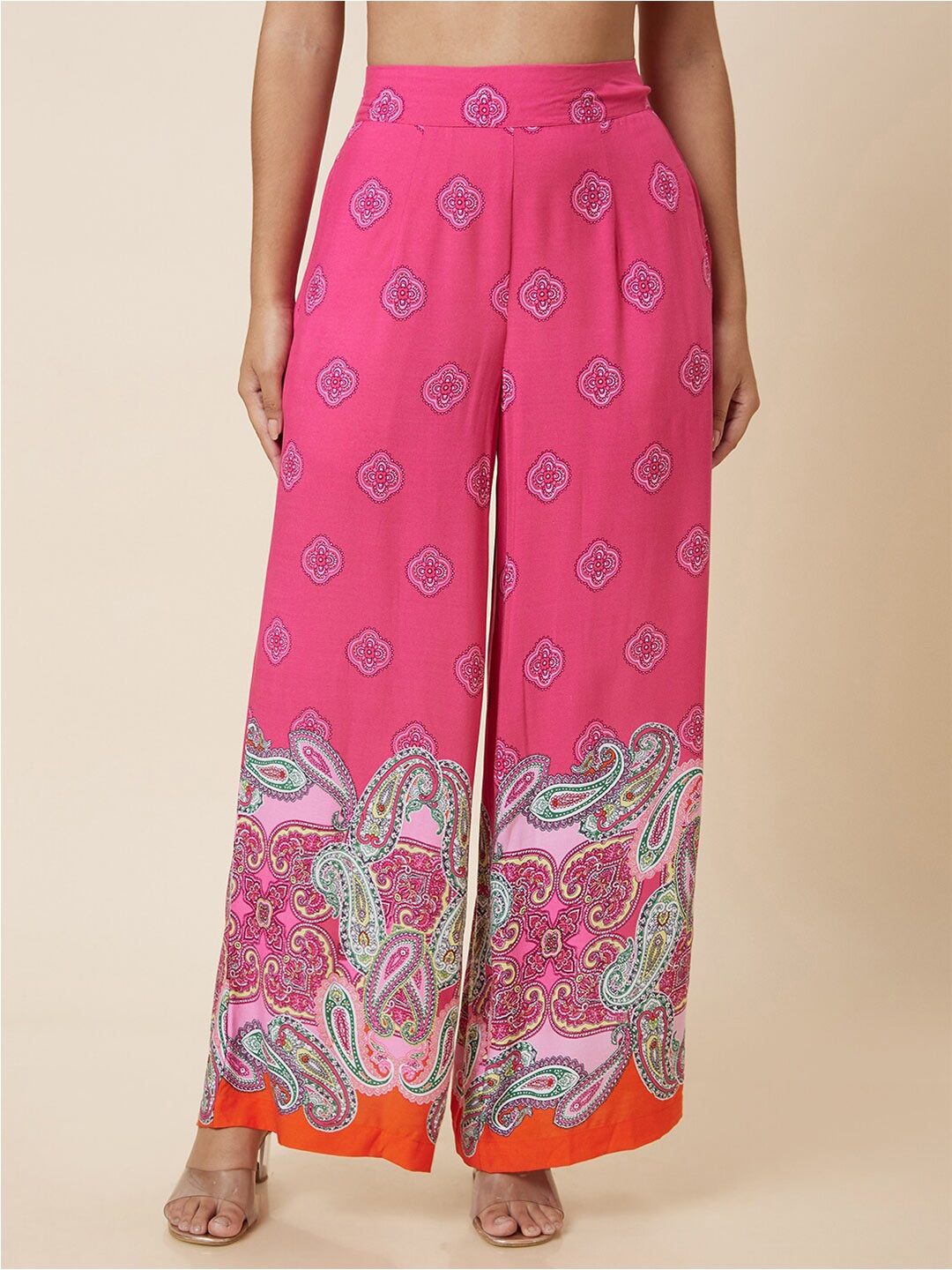 

Globus Women Ethnic Motifs Printed Mid Rise Palazzos, Pink