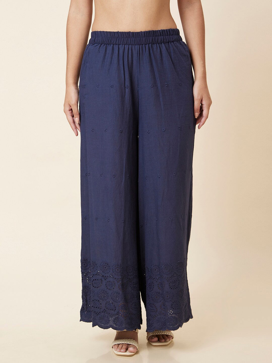 

Globus Women Ethnic Motifs Embroidered Pure Cotton Ethnic Palazzos, Navy blue