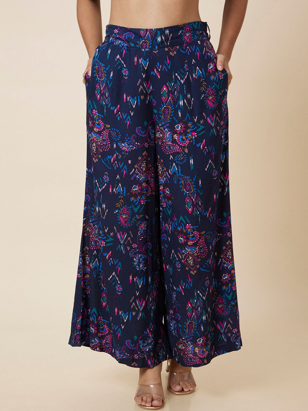 

Globus Women Paisley Printed Wide Leg Palazzos, Navy blue