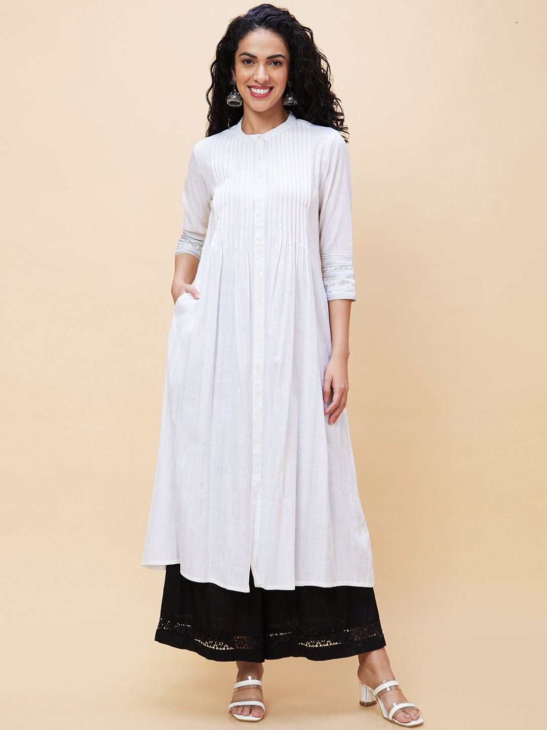 

Globus Women Striped Thread Work Pleated A-Line Kurta, White